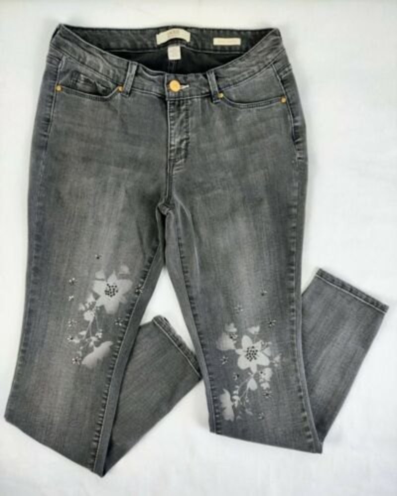 Vintage America Boho Skinny Jeans Floral Embellished Gray Denim Women's 6R/28